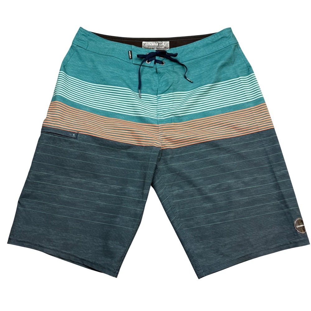 ONeill Hyperfreak Mens Board Shorts Teal Charcoal Striped Size 30 SP0106011